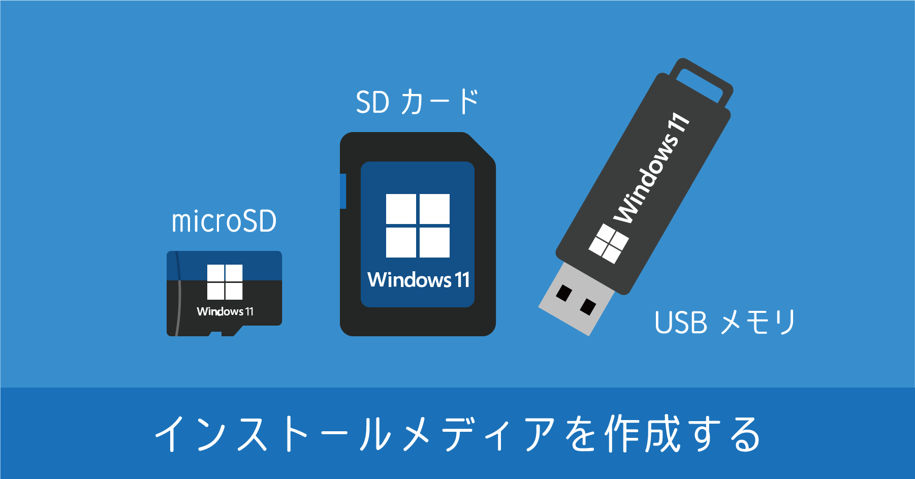 Windows 11 インストール用メディアの作成手順。USB メモリや micro SD カードが利用できる