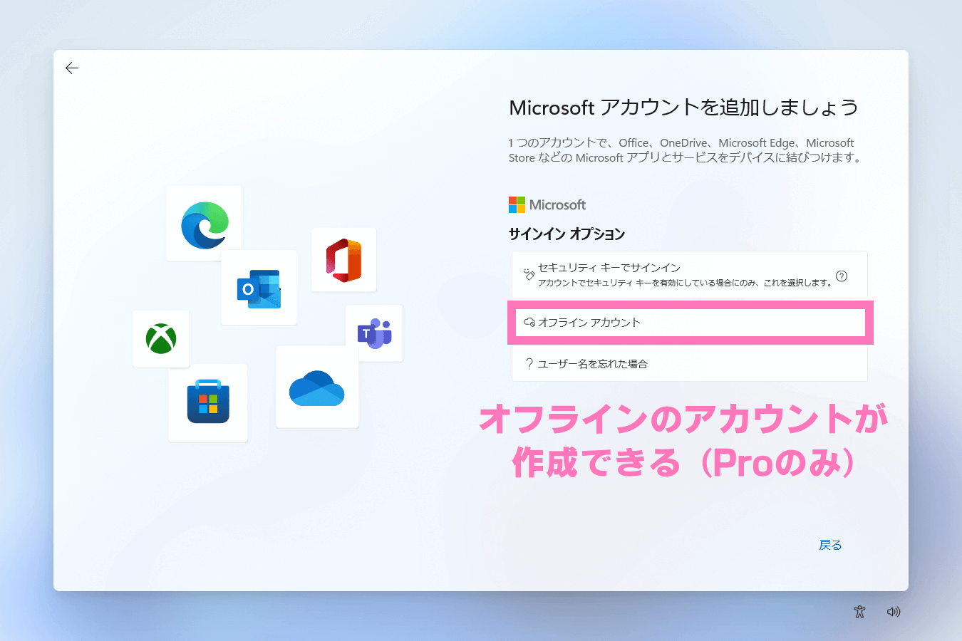 Windows 11 Pro はサインインオプションからオフラインアカウントが作成できる