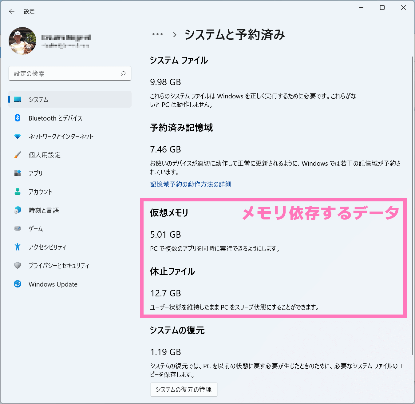 Windows 11 Pro 初期状態のデータ容量【メモリ32GB】