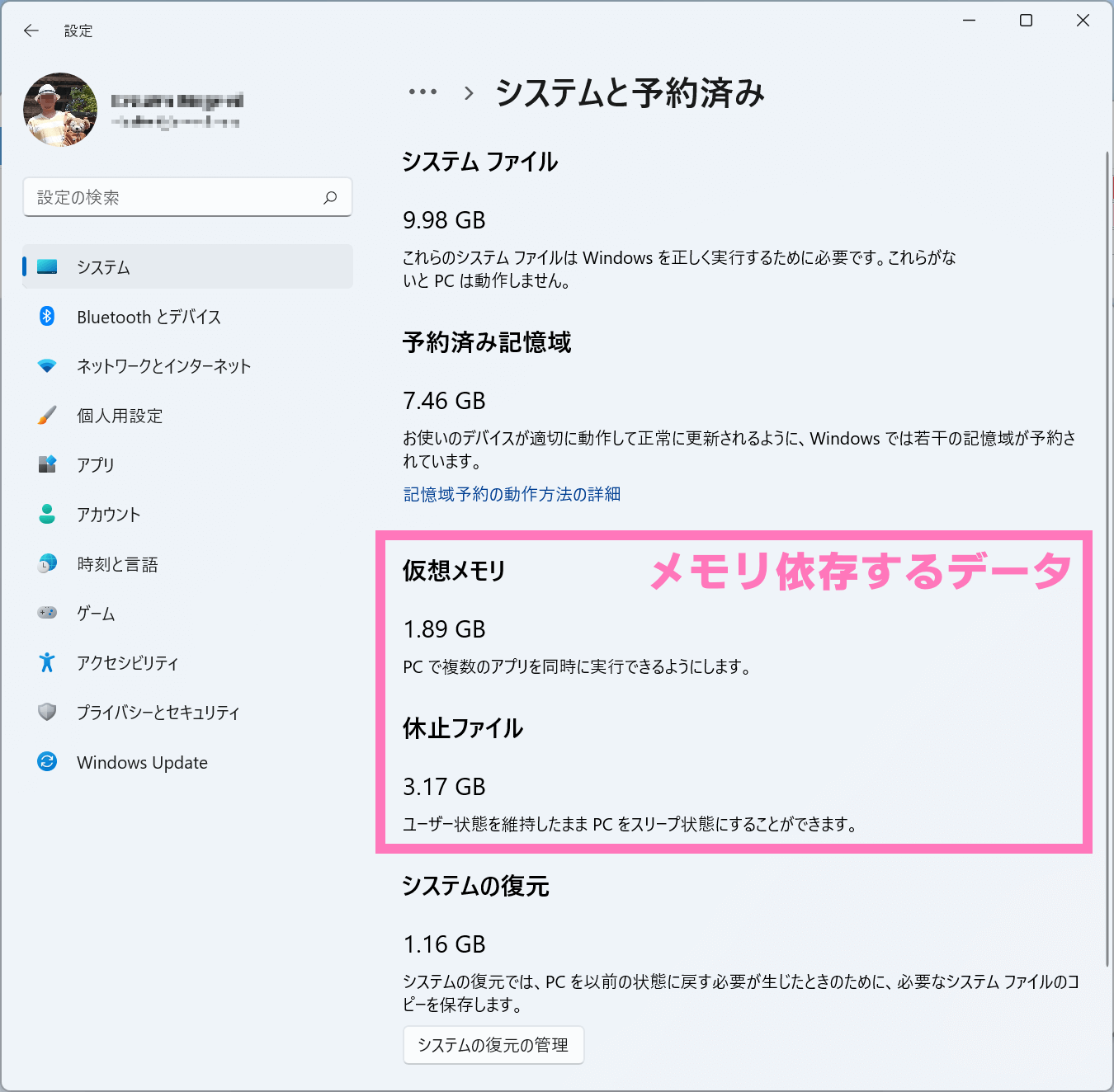 Windows 11 Pro 初期状態のデータ容量【メモリ8GB】