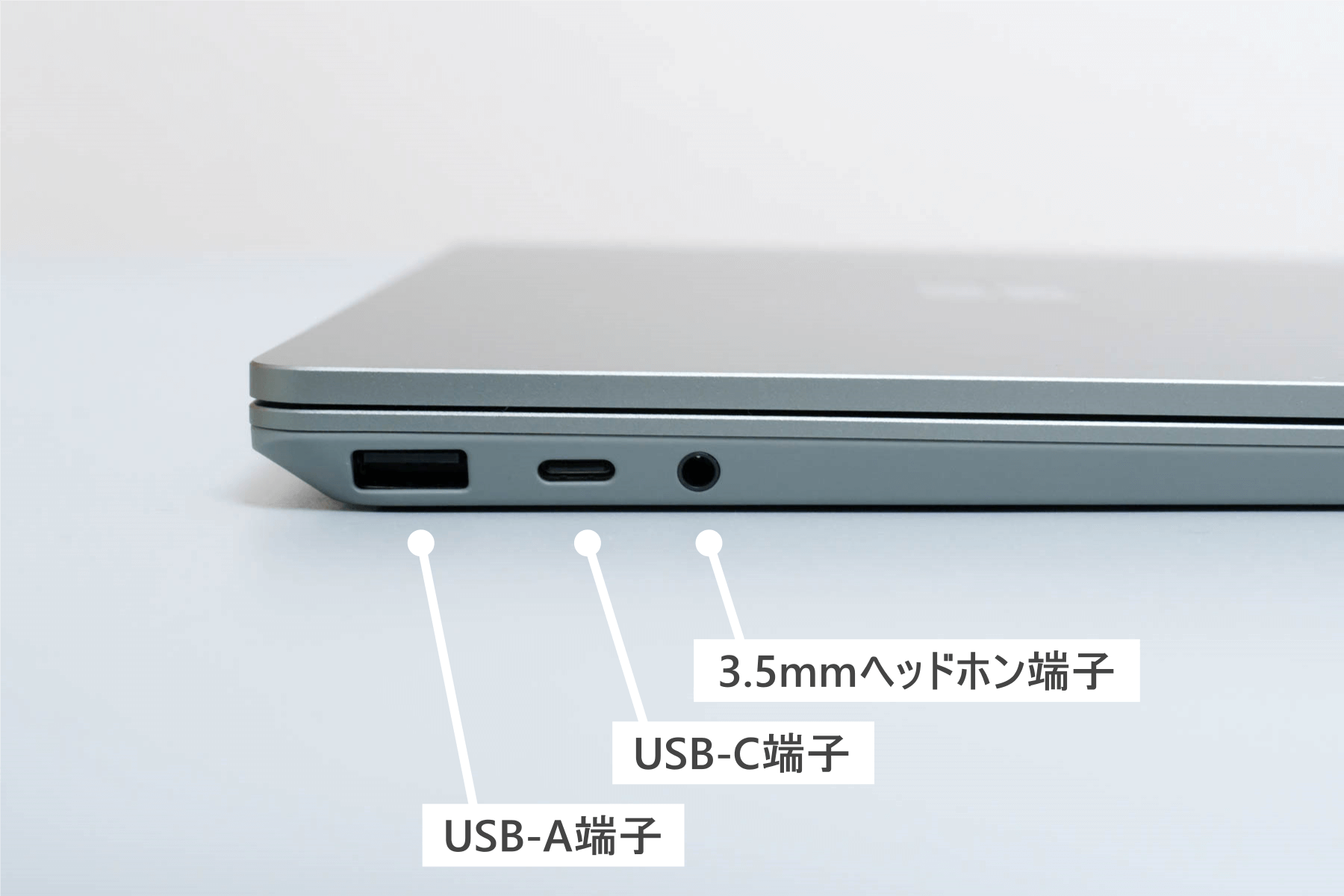 Surface Laptop Go 2 ボディー左側面のUSB-A端子 USB-C端子 3.5mmヘッドホン端子