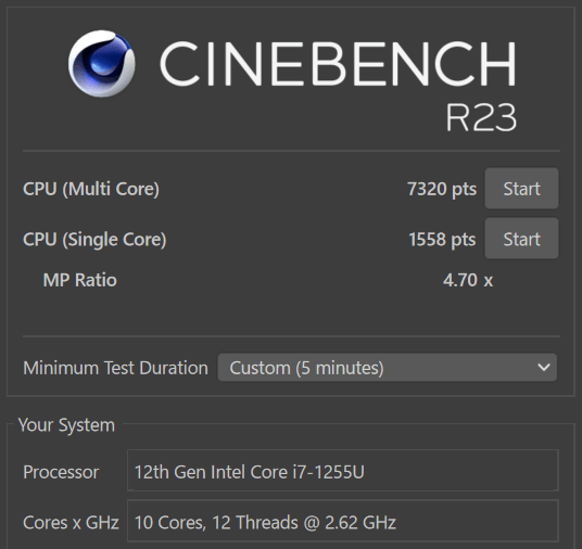 Surface Laptop 5 CINEBENCH R23 Core i7-1255U