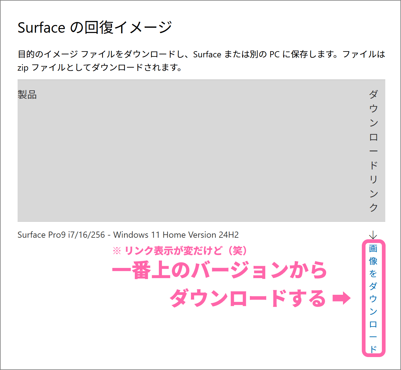 回復イメージのダウンロード