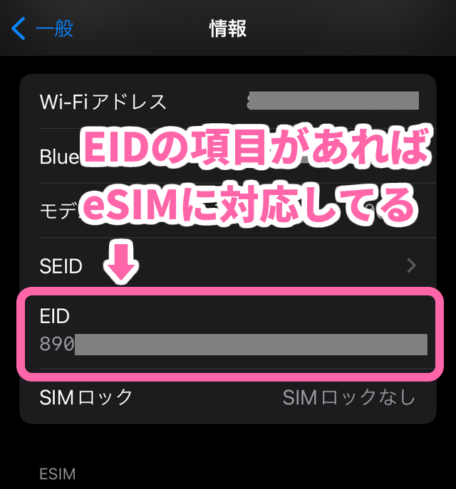 iPhone設定メニュー[情報]からEIDを確認できる